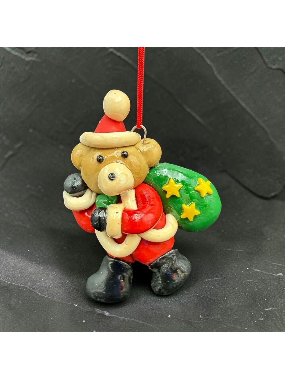 Vtg Teddy Bear Santa Christmas Ornament Green Gift Sack Red Cord Holiday Decor